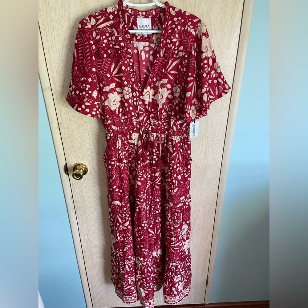 Red Floral V-Neck Maxi Dress